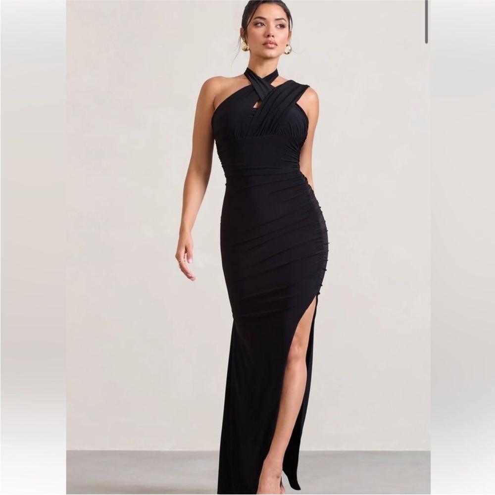 Club London Ignite Black Strappy Halter Neck Asymmetrical Maxi Dress Size 6